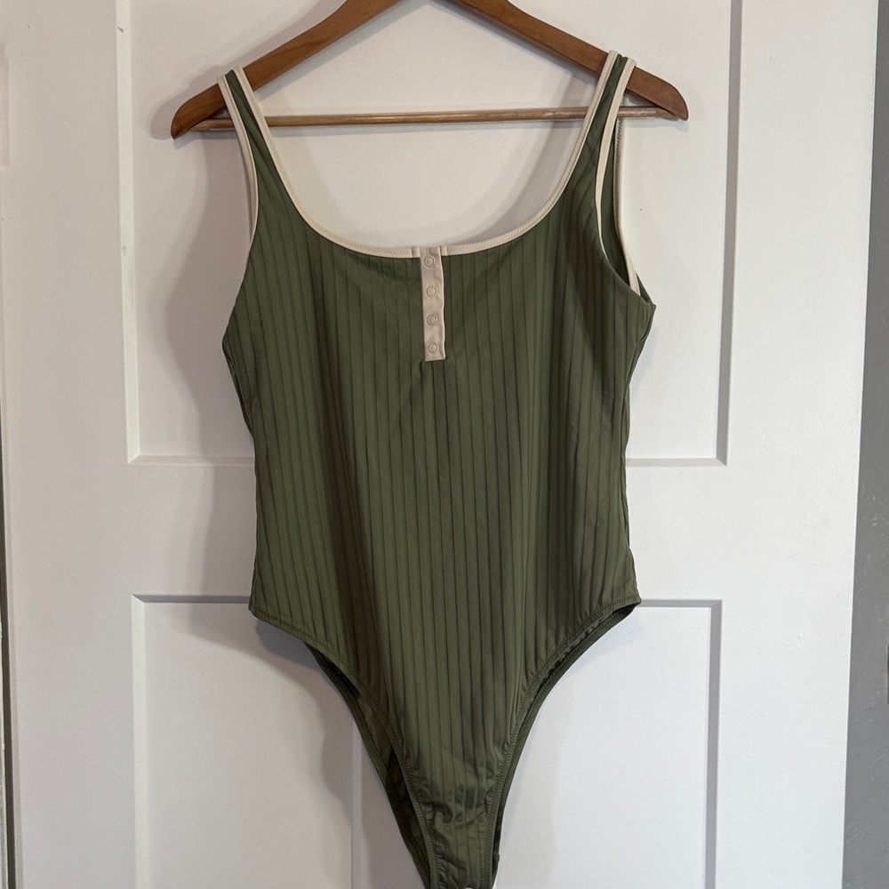 Aerie Olive Ribbed Swimsuit with Cream Accents